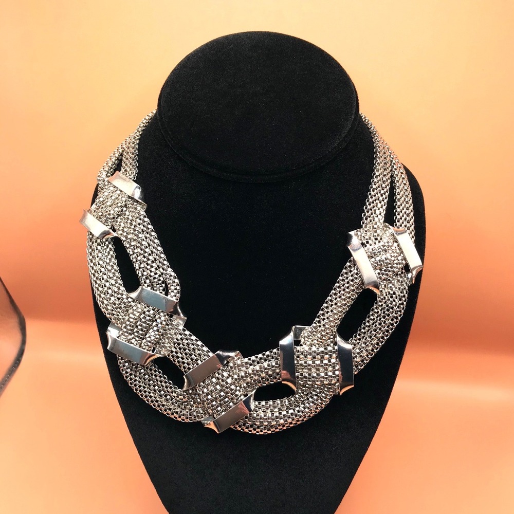 Vintage Y2K Chunky Silver Tone Multi-Strand Mesh Statement Necklace Geometric